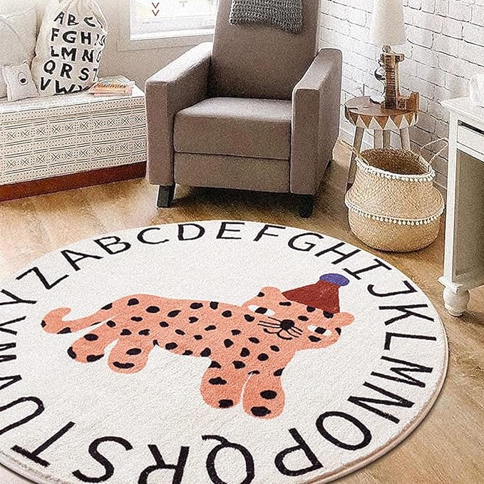 Poowe Round Kids Playroom Rug-Soft Alphabet Nursery Rug for Bedroom - Playtime Collection, Learning & Game Carpet for Classroom, Best Shower Gift for Infant Toddlers (Round 39.4", ABC Words-Leopard)