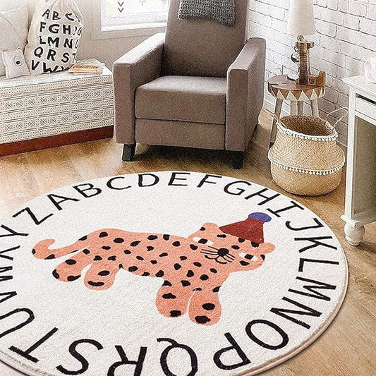 Poowe Round Kids Playroom Rug-Soft Alphabet Nursery Rug for Bedroom - Playtime Collection, Learning & Game Carpet for Classroom, Best Shower Gift for Infant Toddlers (Round 39.4", ABC Words-Leopard)