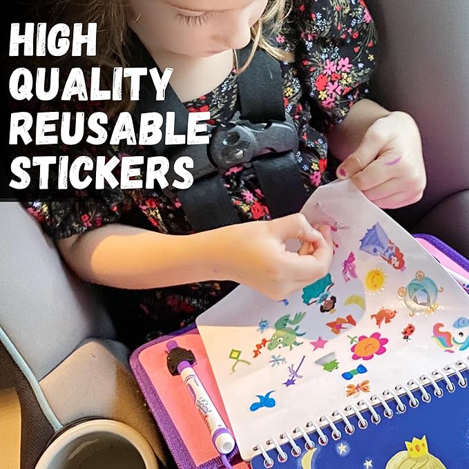 Kids Travel Educational Activity Book with Washable Markers - Car and Airplane Activities, Learning Toys for Toddlers- Reusable Stickers for Ages 4, 5, 6 (Ocean & Extra Princess Book)