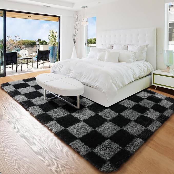 KICMOR Rugs for Living Room 5x7 Black and Grey, Soft Fluffy Checkered Shag Area Rug Furry Shaggy Floor Carpets for Bedroom, Indoor Fuzzy Plush Rug for Teen Kids Boys Girls Room Nursery Home Decor