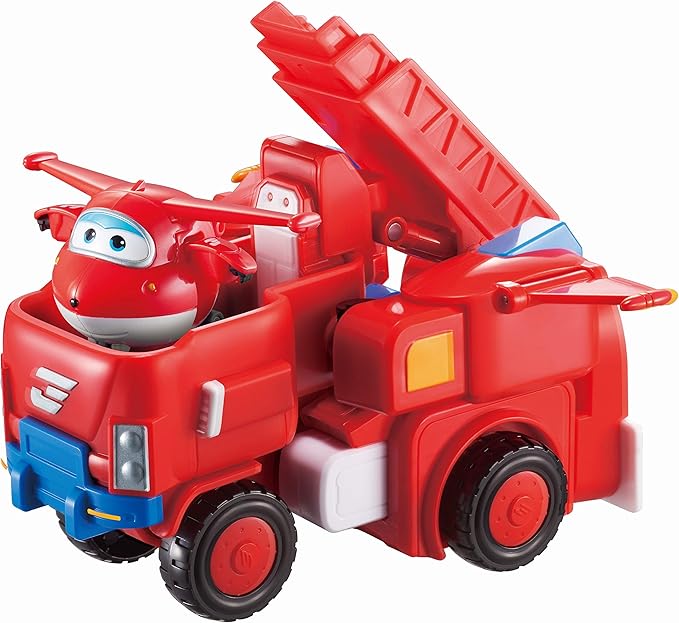 Super Wings Jett 7" Tall Superwings Jett Robot Suit and 2” Scale Transforming Jett Mini Figure , Transforming Robot & Transforming Fire Truck Toy Vehicle Playset, Gifts for Boys Girls Kids Child