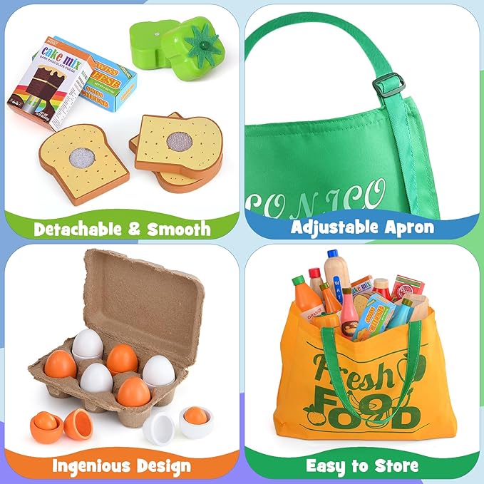 Wooden Play Food Toys for Kids, Market Grocery Store Toys with Snack & Shopping Bag & Apron for Toddlers, Pretend Play Kitchen Accessories Christmas Birthday Gift for Girls Boys 3 4 5 6