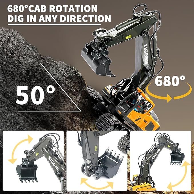 Remote Control Excavator Toy, Present for Boys 4 5 6 7 8 9 10 11 12 13 Year Old, RC Construction Toys with Metal Shovel, Lights, Sounds, 2.4Ghz, Turns 680 Degree - Christmas Birthday Gift
