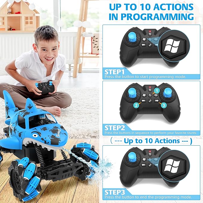 1:14 Shark Toy with Water Shooting Spray, Programming Remote Control Shark, Slides, 360-degree Rotations, Drifts, One-key Demo, Features Lights & Sounds, All Terrains Monster Truck for boys 5-7(Blue)