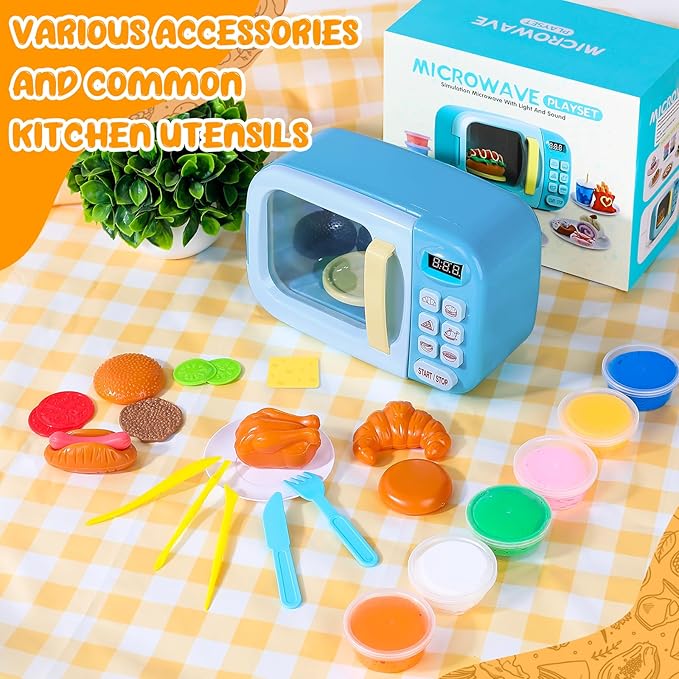 Microwave Kitchen Play Set with Light Sound for Kids with Pretend Fake Food and 6 Color DIY Play-Dough Clay Great for Toddlers 3 and Older Grils and Boys (Blue)