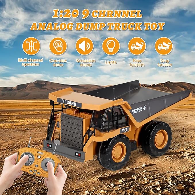 9 Channel Remote Control Dump Truck With Lights and Realistic Sound Effects, Highly Realistic Design, Includes Rechargeable Battery, an Excellent Gift Choice for Children Aged 6 and Above (Dump Truck)