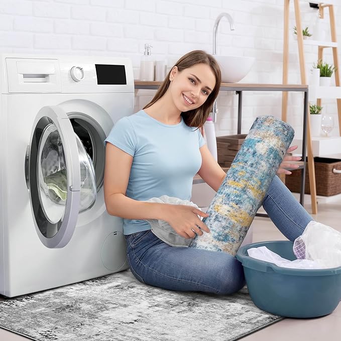 Area Rug 4x6 Blue Rug Washable Boho Rugs Non Slip Low Pile Abstract Small Carpet for Entryway, Bedroom, Kitchen, Classroom, Kids Room, Office, Dorm, Dining Room