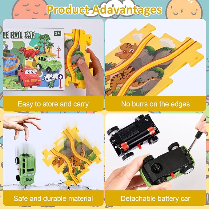 25PCS Puzzle Racer Kids Car Track Set Dinosaur Themed Series, Puzzle Track Car Play Set, Rail Car Puzzle Track, Kids Car Track, Educational Puzzle Toys Gifts for Kids Boys and Girls