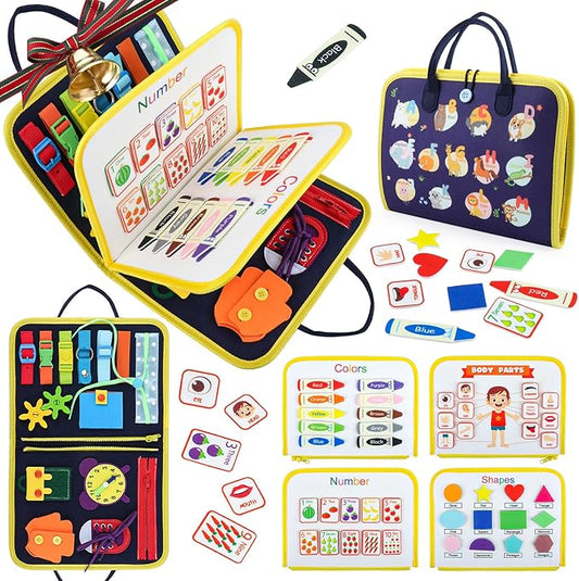 Busy Board Montessori Toys for 1 2 3 4 Year Old Boy & Girl Birthday Gifts, Busy Book for Toddlers 1-3, Sensory Educational Travel Toys, Preschool Activities for Learning Fine Motor Skills