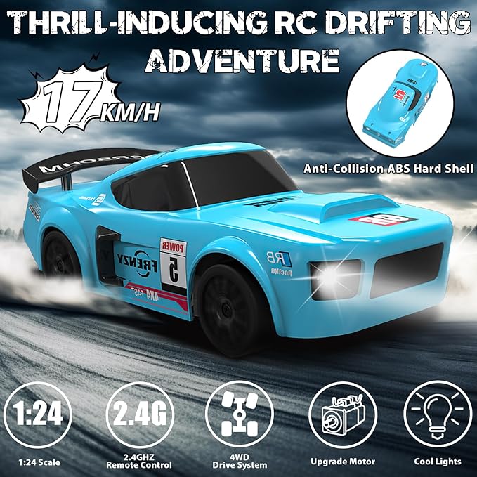 RC Drift Car, 1/24 Remote Control Car, 2.4Ghz 17KM/H High Speed RC Cars with LED Lights, Extra Tires, 2 Rechargeable Batteries, 4WD Racing Car Toys Christmas Birthday Gift for Kids Boys Girls Adults
