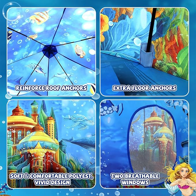 Ocean Kids Play Tent Princess Toys Under Water Kids Tent Mermaid Playhouse Indoor for Girls Toddler Tents Inside Sensory Play House Ages 3-5,4-7 as Birthday Gift