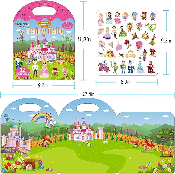 Reusable Sticker Books for Toddlers 1-3, Stickers for Kids, Reusable Stickers for Toddlers 2-4 Years, Airplane Train Car Travel Essentials Toy for Kids Girls Boys (Fairy Tale+Ocean World)