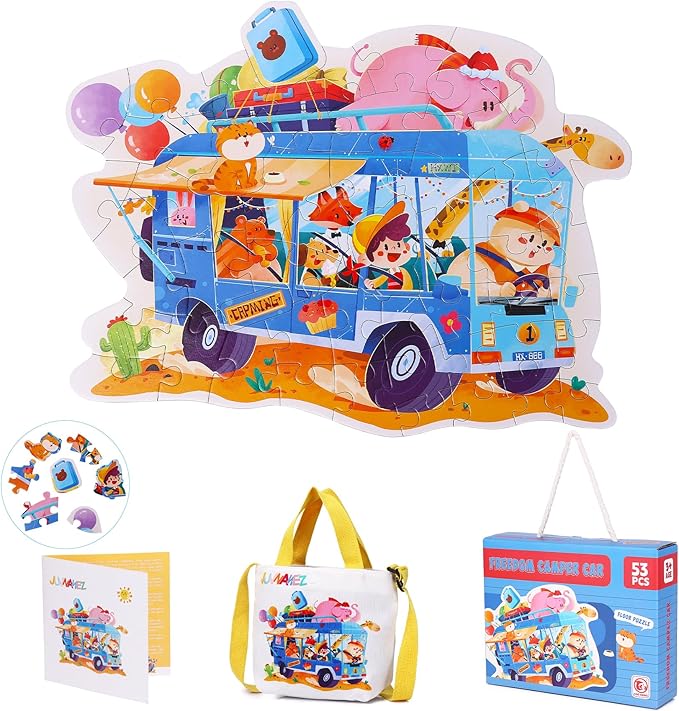 Puzzles for Kids Ages 4-8,53 Piece Unique Large Irregular Animal Shaped Art Puzzle,Floor Puzzles for Kids Ages 3 4 5 6 7 8,Educational Toy Gift Jigsaw Puzzles for Boys Girls (Freedom Camper Car)