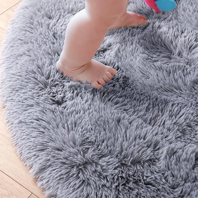 junovo Round Rug 6x6 Feet Fluffy Soft Area Rugs for Kids Girls Room Princess Castle Plush Shaggy Carpet Cute Circle Nursery Rug for Kids Teen's Bedroom Home Decor Large Circular Carpet, Grey