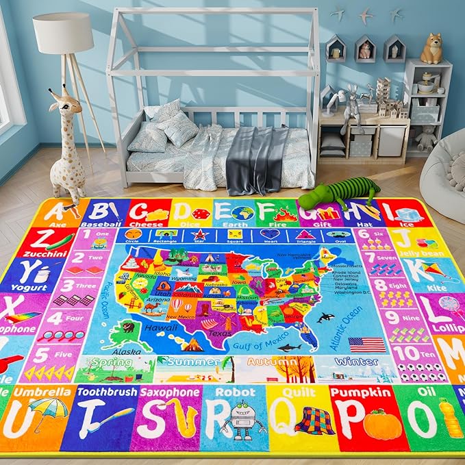 USA Map ABC Kid Rug for Playroom 78.7"×59" Classroom Play Rug Educational Baby Playmat Alphabet Rug State Symbols, ABC Letters, Numbers, Seasons&Shapes Fluffy Ployester Non-Slip Preschool Nursery Rug