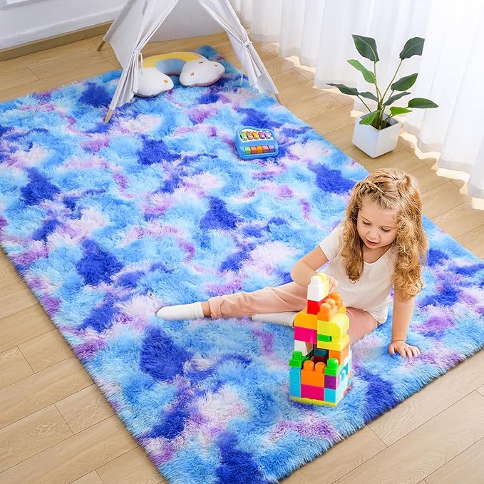 AROGAN Soft Rainbow Area Rugs for Girls Room 6x9 Feet, Fluffy Cute Colorful Princess Carpet for Kids Teens Nursery Toddler,Bedroom Blue and Purple
