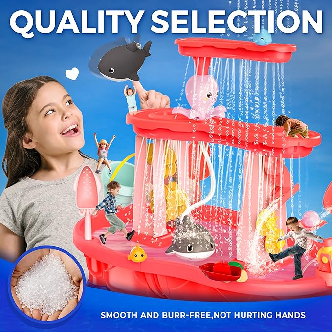 BELLOCHIDDO Water and Sand Table with Water Pumb & Umbrella - Summer Toys 3-Tier Kids Water Play Table, Outdoor Beach Toys with Cute Accessories