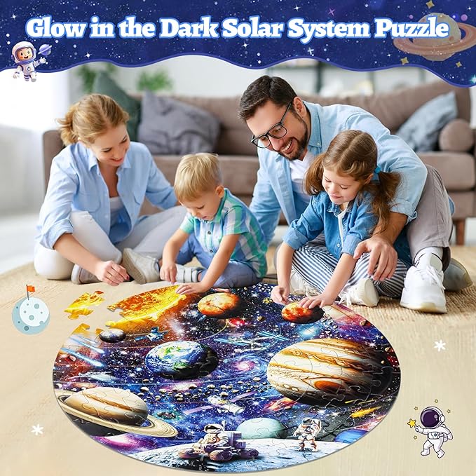 Glow in The Dark Solar System Jigsaw Puzzles for Kids Ages 4-8, 70 Pieces Kids Space Planet Floor Puzzle Toys Ages 8-10, Large Round Educational Puzzle Toys Gifts for Boys Girls Children