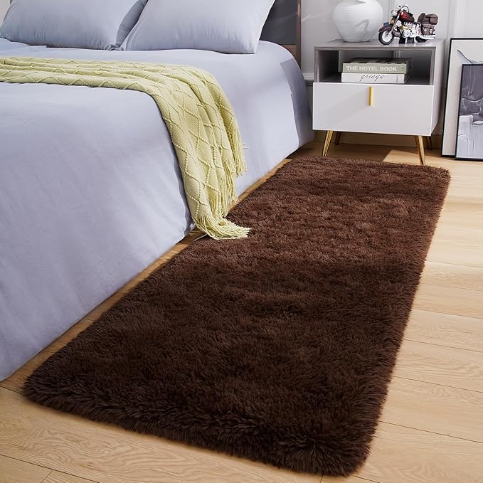 Amearea Shag Fluffy Runner Rug for Bedroom Girls Living Room, 2x6 Feet Extra Soft and Fuzzy Shaggy Rugs, Non Slip, Indoor Floor Long Carpet Mat for Boys Nursery Home Decor, Brown