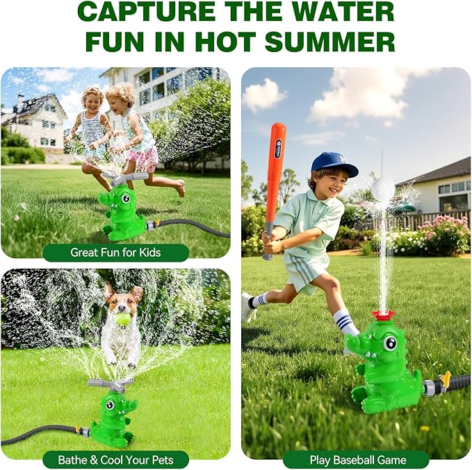 HeySplash Water Sprinkler Baseball Toy, 2 in 1 Water Spray Sprinkler Ball Set with 2 Detachable Sprinkler Heads, Outdoor Summer Toys Outside Toys for Toddlers and Kids, Green Crocodile