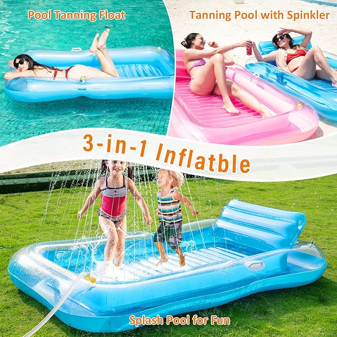 Inflatable Tanning Pool Lounger Float with Sprinkler, 78" x 48" Pool Floats Adult with Pillow, 3 in 1 Blow Up Tanning Bed, Suntan Tub Raft Floatie for Pools, Beach, Backyard Summer Water Party