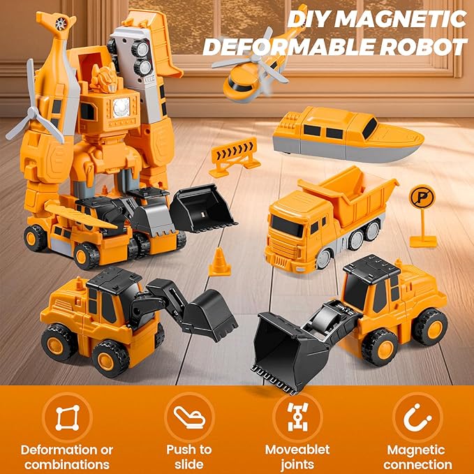 Magnetic Transform Engineering Car Assembled Toys with Storage Box, Robot Magnetic Blocks Toy, Construction Vehicle Engineering Cars for Kids Ages 3-9 Toddler Activities - 35 Pieces