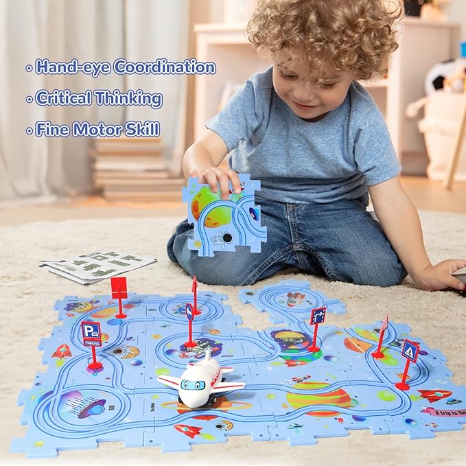 Plastic Floor Puzzles for Kids with Airplane Toy Car, Puzzle Track Car Play Set, Educational Toys for 2 3 4 5 6 Year Old Boys, 2 3 4 5 6 Year Old Boy Birthday Gift, Kids Toys Boys 3-5