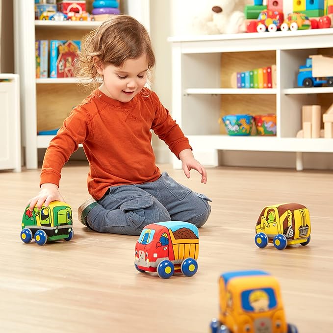 Melissa & Doug Pull-Back Construction Vehicles - Soft Baby Toy Play Set of 4 Vehicles - Cars For Infants, Construction Toys, Pull Back Cars For Babies Ages 9m+