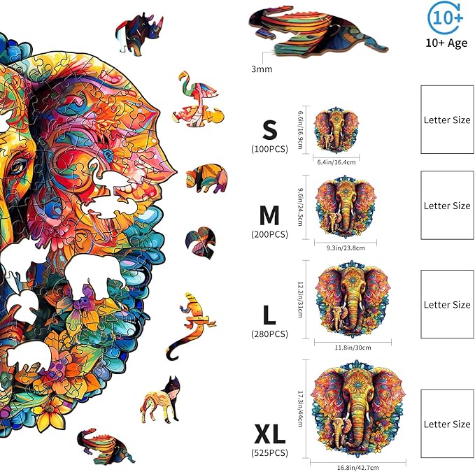 Wooden Puzzles for Adults, Mandala Elephant (M-200pcs) Wooden Jigsaw Puzzles Kids, 9.6 * 9.3in Unique Shaped Animal Wood Puzzles Adults, Fathers Birthday Family Games