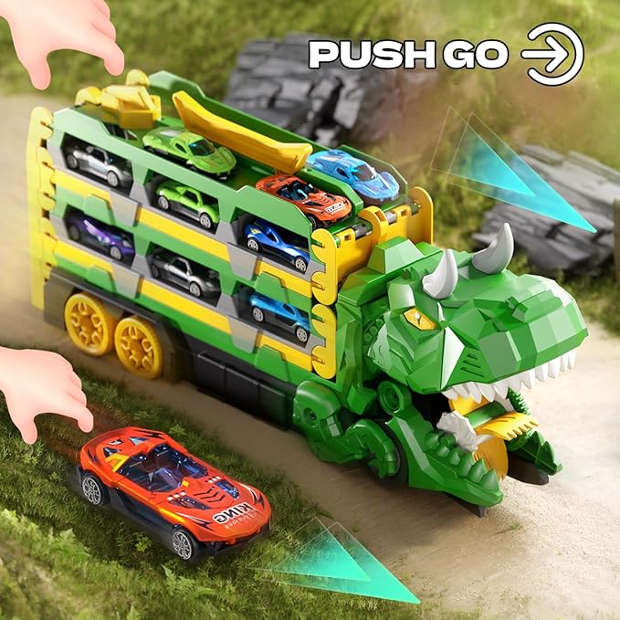Toddler Car Truck Toys Gifts for 3 4 5 Years Old Boys, Dinosaur Transport Truck Cars Tracks Toys with 12 Pcs Die-Cast Cars, Transforms into Dino, Toy Gifts for 3 4 5 6 Year Old Boys