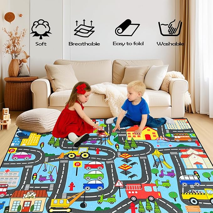 Car Mat for Kids Toy Cars - Car Track Rug Car Carpet for Kids Play Mat City Life Road Rug for Playroom Living Room Bedroom Classroom, 4'5''×6'