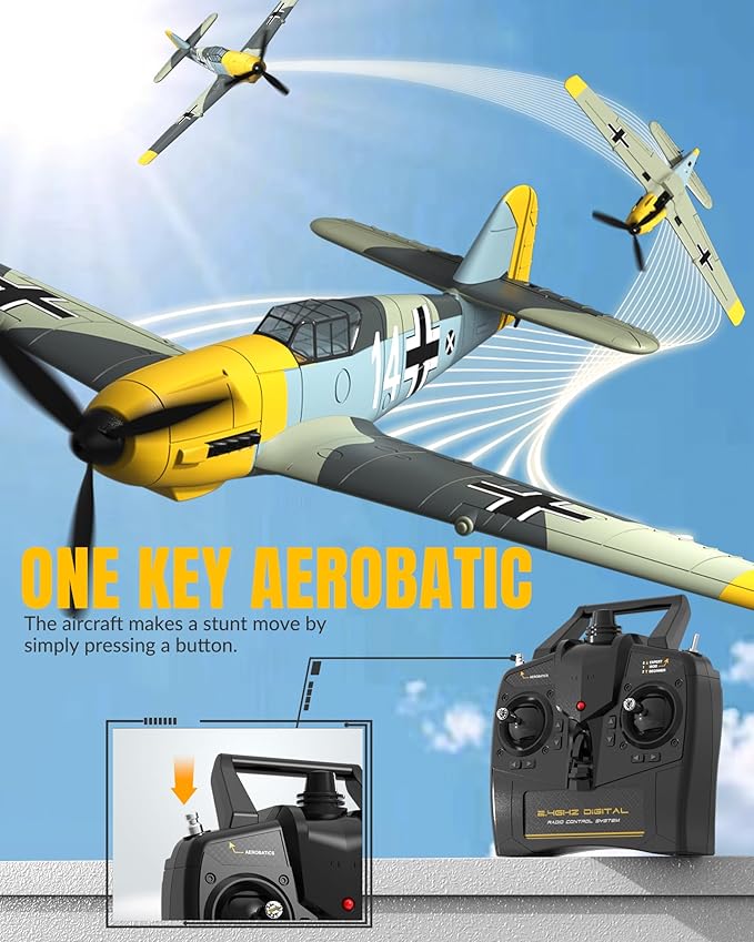VOLANTEXRC RC Plane, 4 Channel Remote Control Airplane BF109 Fighter RTF with Aileron, Gyro, Aerobatics & 3 Modes Easy to Fly, Hobby Radio Controlled Aircraft for Beginners, Kids & Adults (Yellow)