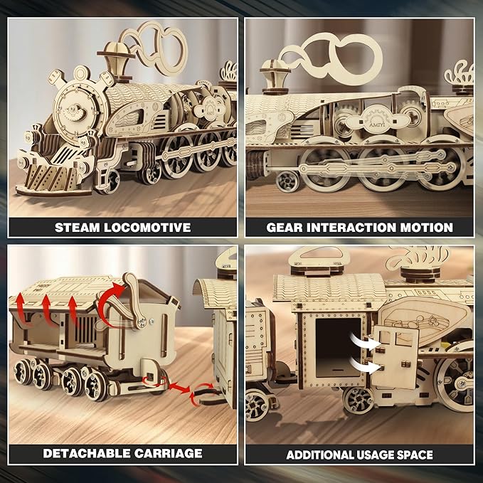 Fuiltee 3D Wooden Puzzles for Adults, DIY Mechanical Train Model Kit, Movable Model Train, Removable Carriages, Unique Gift for 14+ Teens and Adults (279Pcs)