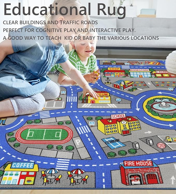 Kids Rug 6'6" x 5'0" City Life Playmat Area Rug Car City Map Washable Traffic Road Educational Learning Nursery Rug Carpet for Children Playroom Living Room Bedroom Classroom Decor Dark Blue