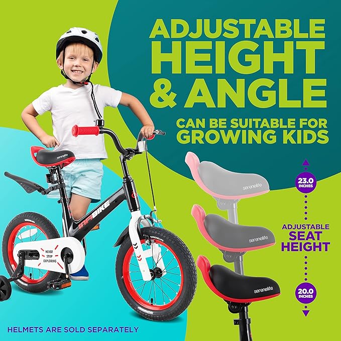 SereneLife Kids Bike with Training Wheels - Toddlers Bicycle w/Adjustable Seat Height, Alloy Steel Frame, Dual Brake System, Full Chain Guard, Reflector, Bell, Kickstand