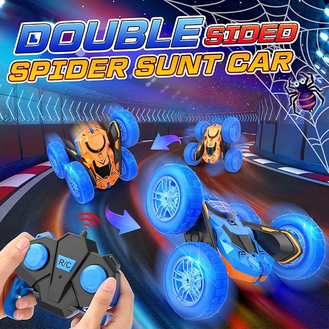 NQD Spider Remote Control Car- Double Sided 360°Rotate Mini RC Stunt Car with Wheel Lights, 4WD Off-Road RC Cars 2.4Ghz Indoor/Outdoor Rechargeable Toy Car for Boys Age 4-7 8-12 Birthday Xmas Gift
