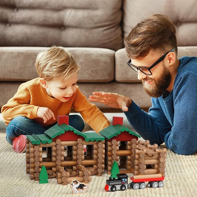 Wondertoys 208 Pcs Wooden Log Set - Classic Building Logs Ages 3+ - Best Retro Building Gift Set for Boys - Creative Construction Engineering Educational Gifts