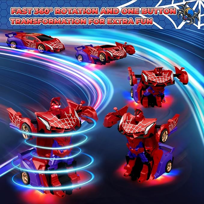 Spider Transform RC Cars Toys with Eye & Underbody Lights, 2.4GHz Remote Control Car One-Button Deformation, Fast 360°Rotation Robot Toys Birthday Gifts for 3 4 5 6 7 8 9 10 Year Old Boys Age 4-7 8-12