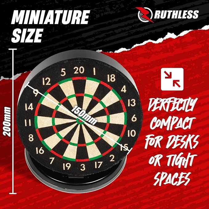 Ruthless Miniature Desk Top Dart Board Set for Home and Office - Includes Mini Steel Tip Darts, Choice of Surround and Mouse Mat