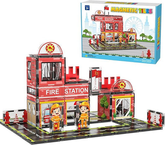 Magnetic Tiles, 50PCS Fire Station Theme Building Blocks Set, Magnet Building Blocks and STEM Preschool Toys for Toddlers Kids Ages 3-5 5-7 8-10