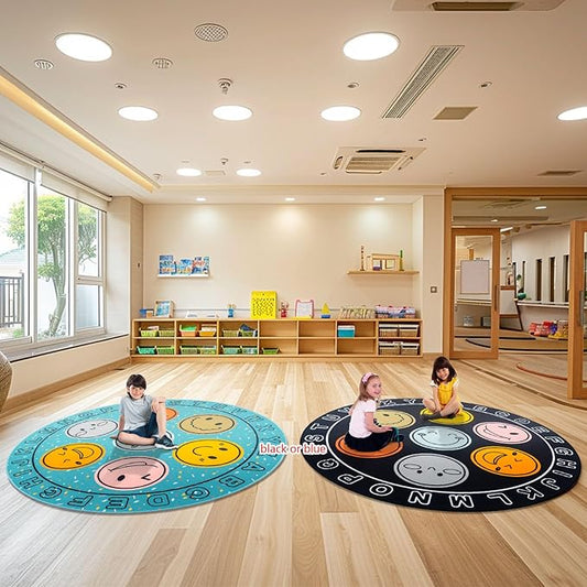 ABC Alphabet Rug for Kids, Classroom Playmat 6ft Non-Slip Circle Rugs for playroom, Round Area Rug for Elementary Classroom, Play Carpet for Boys Girls Bedrooms Playroom,Nursery Rugs-Blue or Black