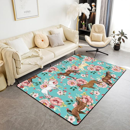 Kids Horse Rug, Chic Retro Floral Area Rug 5x6'6'' for Girls Teens, Galloping Horse Printed Carpet for Living Room, 3D Wild Farm Animal Non Slip Decorative Rug, Green Pink