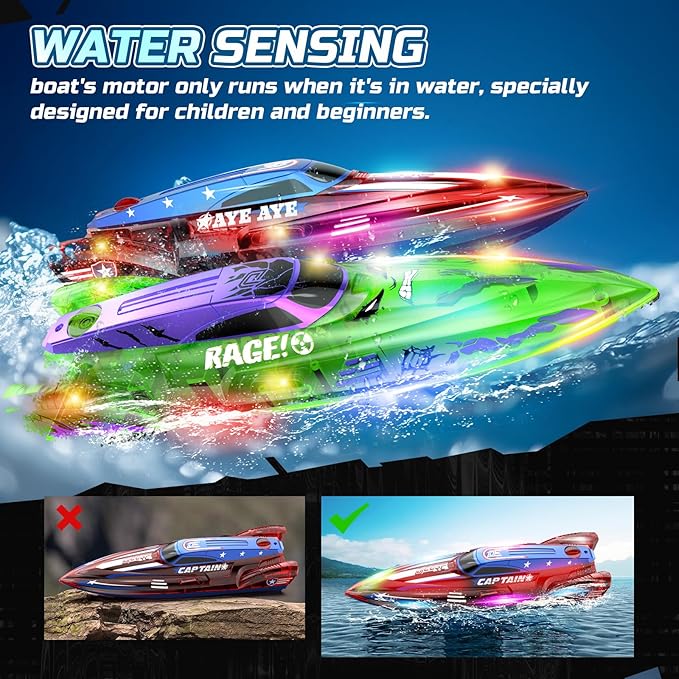 DEERC 2 Pack 13 inch Remote Control Boat for Kids, 4 Batteries, 2.4Ghz RC Racing Boat with LED Lights for Pools and Lakes, Summer Water Toy Gift for Boys 8-12
