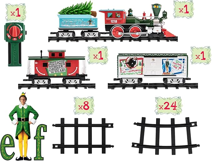 Lionel Battery-Operated Elf Toy Train Set with Locomotive, Train Cars, Track & Remote with Authentic Train Sounds, & Lights for Kids 4+