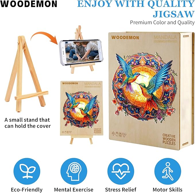 Wooden Jigsaw Puzzles, Mandala Hummingbirds (300pcs-L-13.8 * 13.8in) Wooden Puzzles for Adults Kids, Unique Shape Animal Wood Puzzles Adults Birthday Gifts