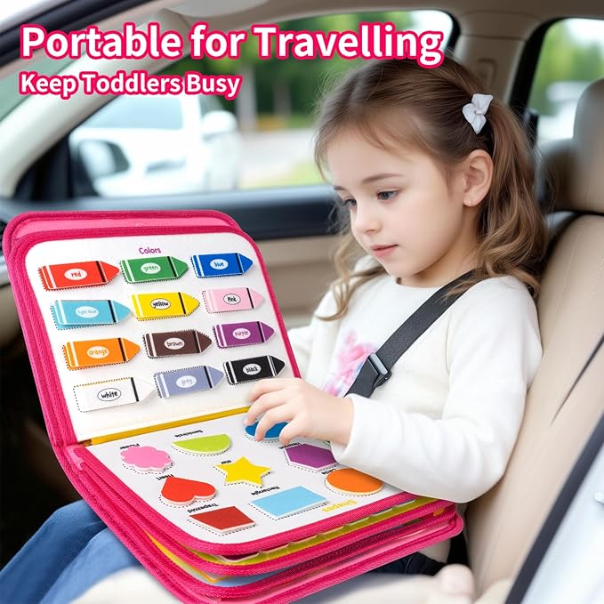 12-page Busy Board Montessori Toddler Toys for 1 2 3 4 Years Old, Busy Book for Toddlers 1-3 Girl Birthday Gift, 24 in 1 Activity Sensory Toys for Motor Skills, Travel Toy for Car Airplane (Pink)