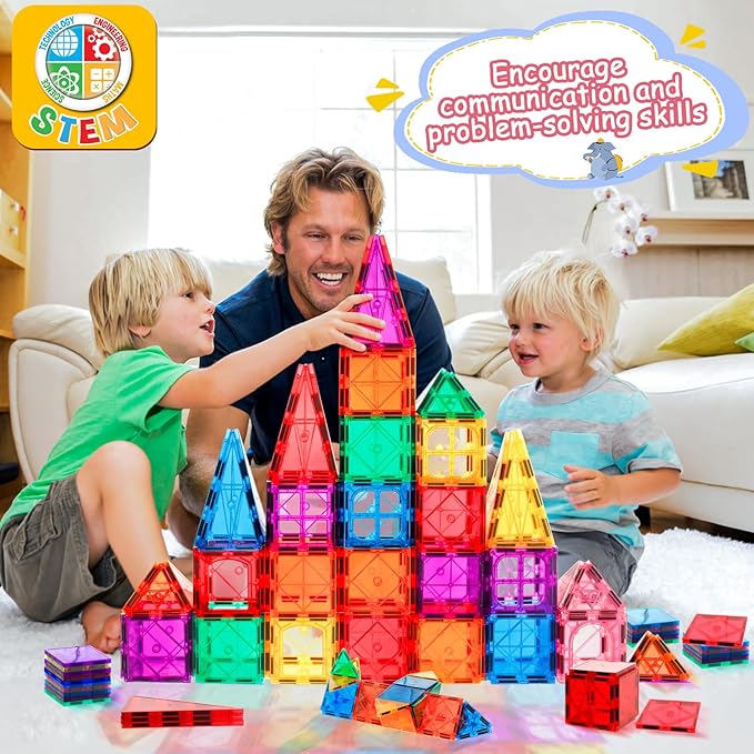 Magnetic Tiles Building Blocks, 108 PCS Magnetic Blocks Buliding Tiles Set, Magnetic Building Blocks with 2 Cars, Preschool Educational Magnetic Toys Stem Toys for Kids 3, 4-8