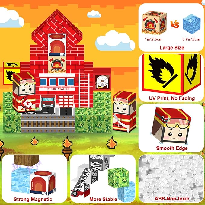 118PCS Magnetic Building Blocks - Build 3D Fire Station Construction Set, STEM Toys for Kids 3+, 1-Inch Magnetic Cubes Montessori Sensory Toys for Toddlers, Boys Girls Magnet Blocks Birthday Gifts