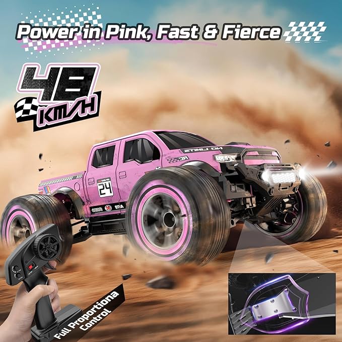DEERC 1:10 Fast RC Cars for Adults, 4X4 High Speed RC Truck Crawler, 48+KM/H, Pink All Terrain Hobby Remote Control Monster Truck with 2 Modular Batteries, Toy Vehicle Gift for Kids