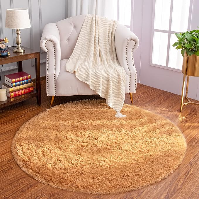 LOCHAS Luxury Round Fluffy Area Rugs for Bedroom Kids Girls Room Nursery, Super Soft Circle Rug, Cute Shaggy Carpet for Children Living Room, 4x4 Feet Khaki